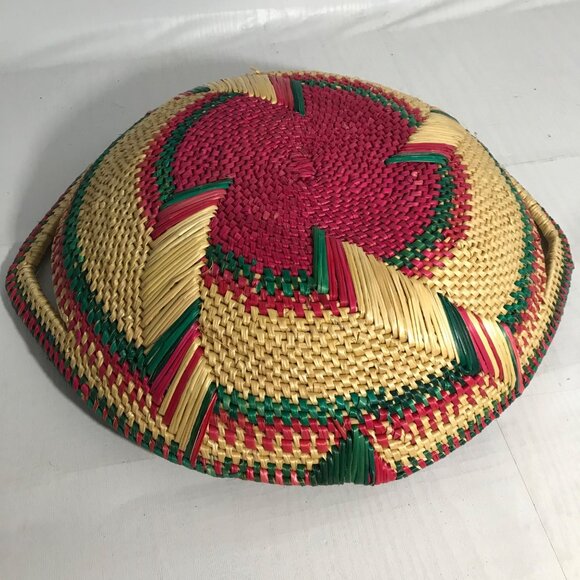 Handwoven Basket Woven Grass Red Green Beige Natural Dye Loop Handles 12" - Picture 3 of 7